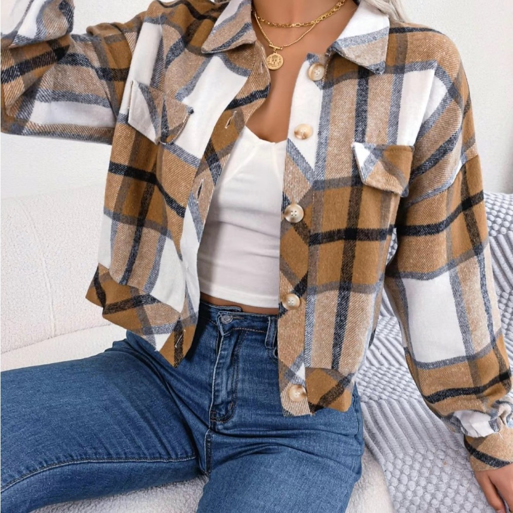 Plaid Button-Up Crop Top - Brown and White